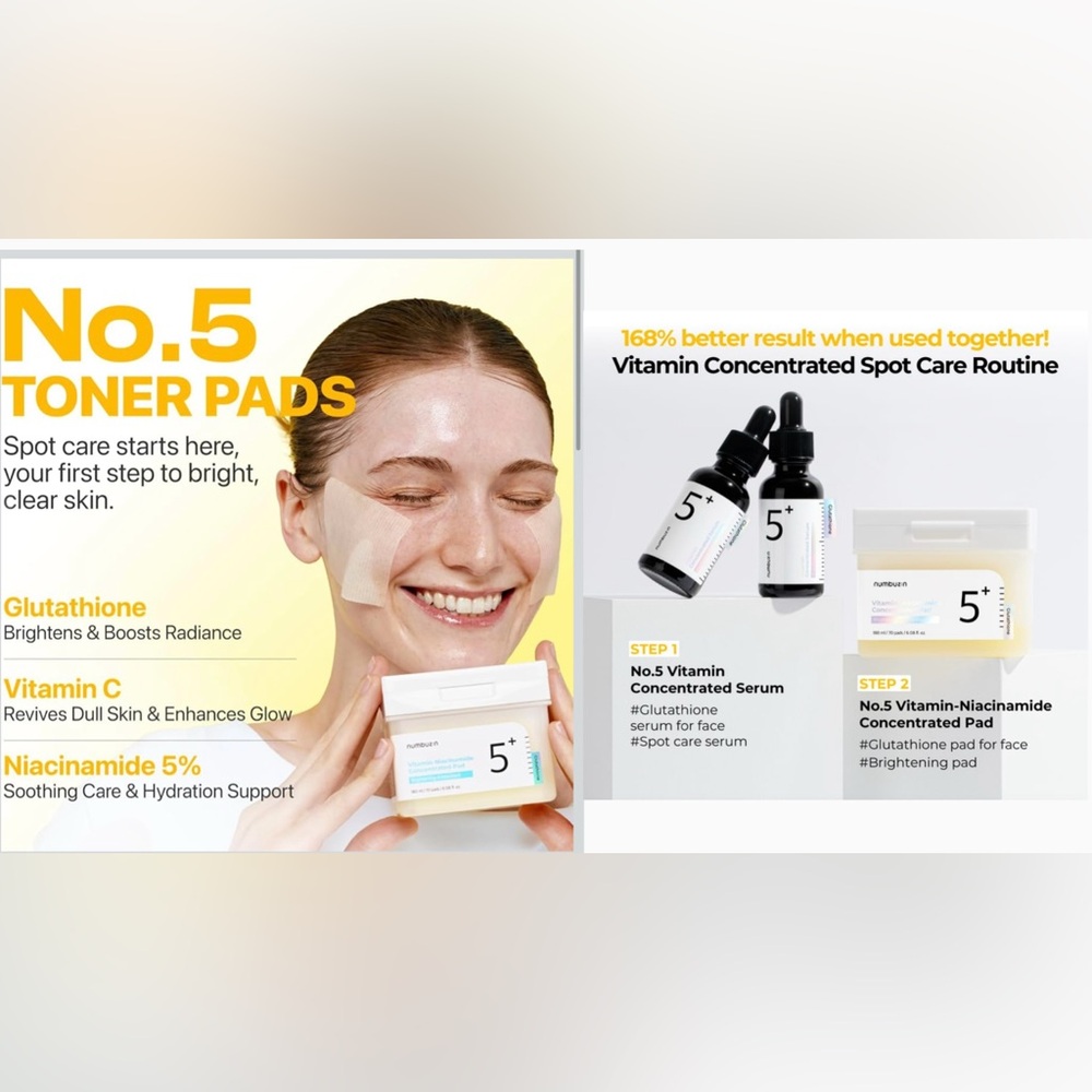 NUMBUZIN NO.5+ GLUTATHIONE VITAMIN TONER PADS & NO.5+ VITAMIN CONCENTRATED SERUM